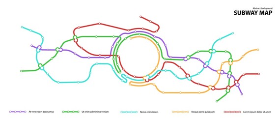 Subway map. Template of fictional town public transport scheme for underground transition road. Metro or bus abstract traffic pattern with circular color routes. Vector card illustration for design.