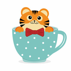 little tiger cub sitting in a cup, color isolated vector illustration in cartoon style