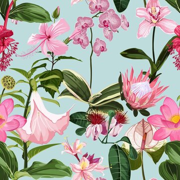 Pink flowers. Seamless floral pattern with many kind of pink glossy flowers and palm leaves. Tropical pattern on a blue background. 