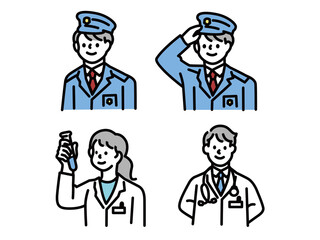 警備員、医者、研究者、科学者を表すイラスト(実験、守る、安全、健康、未来、夢、将来、医療機関、スタッフ) Illustrations of police, security guards, doctors, researchers and scientists.Experiment, protect, safety, health, future, dream, future.