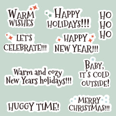 Set of different New Year and Christmas stickers with congratulations and inscriptions