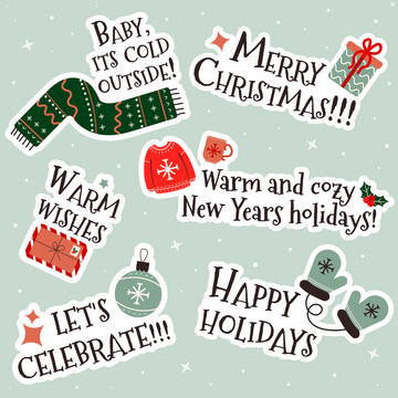  Christmas Stickers Collection With Cute Seasonal Elements, Isolated