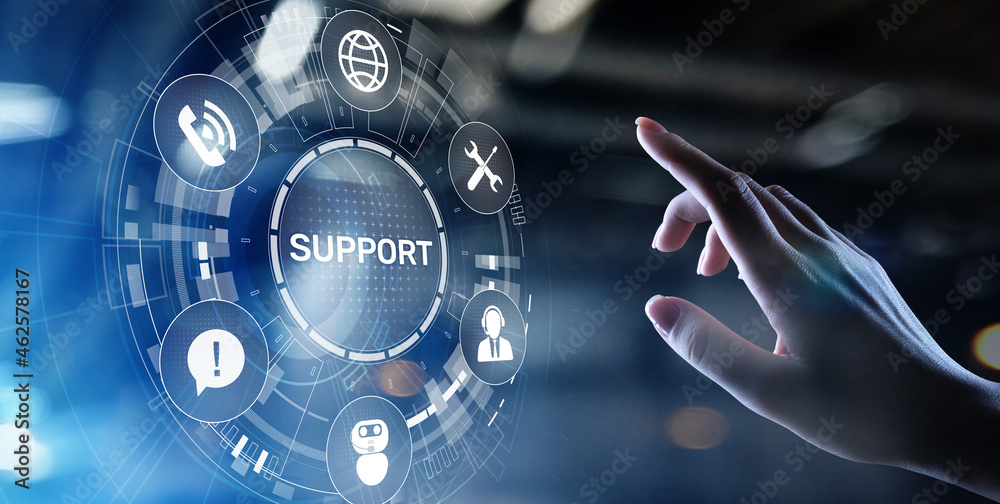 Poster Support button on virtual screen. Customer service and communication concept.