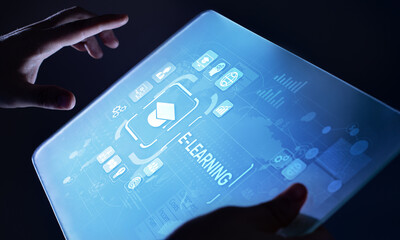 E-learning, Online education, internet studying. Business, technology and personal development concept on virtual screen.