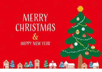 雪の街並みとクリスマスツリー　赤背景 横 文字あり