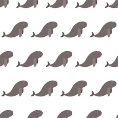 Sea animal seamless pattern with dugon. Undersea world habitants print. Hand drawn underwater life vector illustration. Funny cartoon marine animals character for kid fabric, textile.