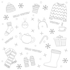 Beautiful winter clothing set, great design for any purposes. Flat vector illustration. Color book