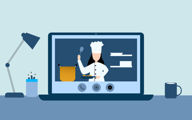 Fototapeta premium cooking online classes on the laptop. chef woman preparing food in the kitchen.