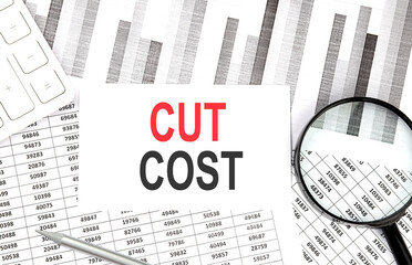 CUT COST text on paper with calculator,pen on graph background