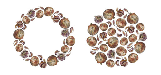 Yellow onion and garlic round arrangement and frame. Watercolour illustration. For card, invitation, recipe, menu, cookbook, stationery and packaging design.