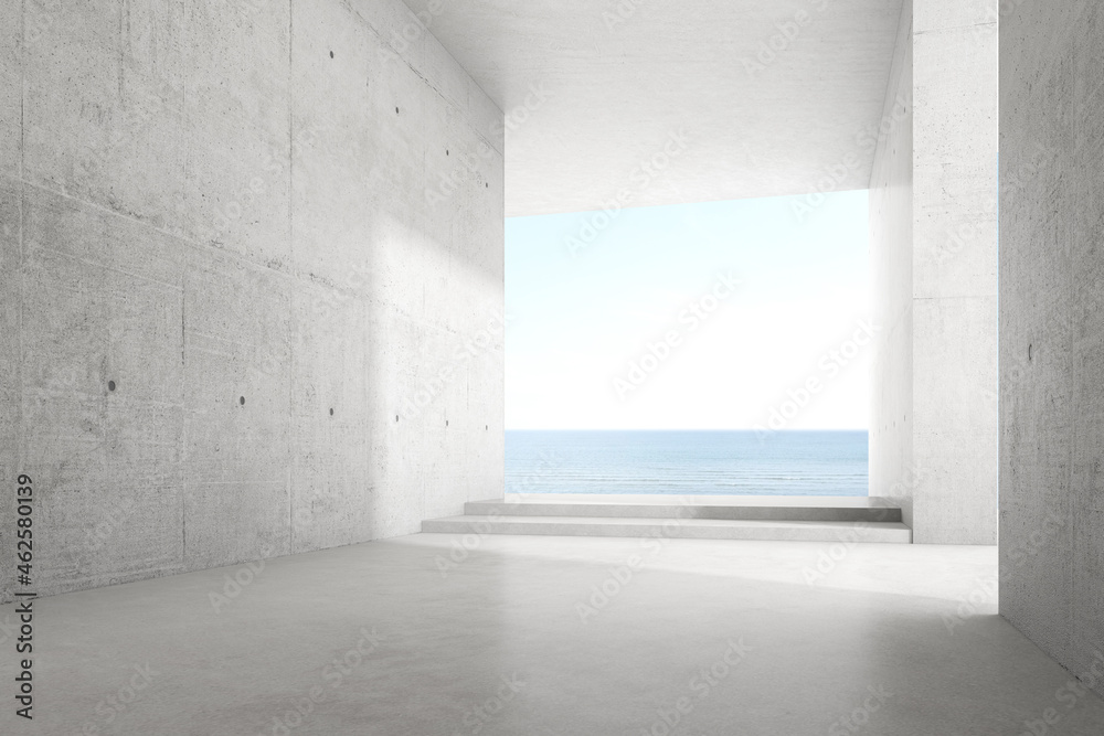 Leinwandbilder 3d render of empty concrete room with large window on the sea background.