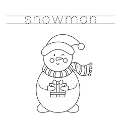 Trace the letters and color snowman. Handwriting practice for kids.