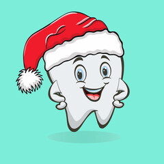Cute funny cartoon tooth wearing Santa Claus hat. Vector concept of greeting New Year and Christmas for dental clinic with space for text.