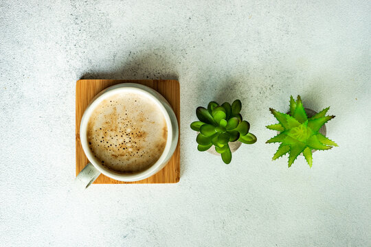Cup of milky coffee next to two plants on a table