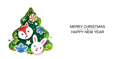 Christmas Tree Greeting card. Happy New Year and Merry Christmas. Winter Holidays paper craft style. Green tree frame with animals - Fox, Rabbit. Snowflakes and holly.