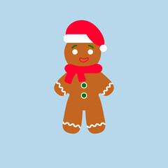 cookies gingerbread man, decorated with icing in hat and scarf, xmas sweet food vector illustration of christmas