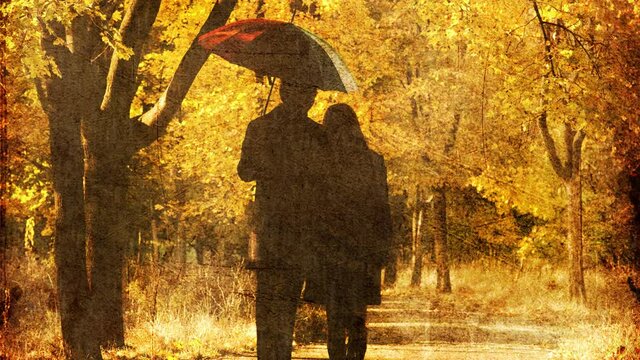 Couple walking at alley in autumn park.