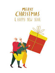 Christmas happy merry people hold Huge Christmas Box.Old Senior Couple,Pensioner Man and Woman preparing for winter holidays at New Year eve.Flat graphic vector illustration isolated ,white background