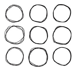 Black doodle sketched circles collection. Grunge round shape set. Hand drawn scribble rings. Isolated design elements. Jpeg