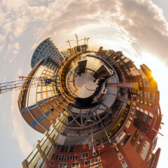A spiral image of Hamburg, the city appears as a small planet
