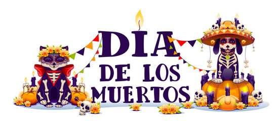 Dia de los muertos mexican holiday Day of Dead lettering text greeting card. Skeleton dog and cat