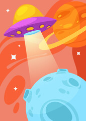 Poster with flying saucer and planets. Placard design in cartoon style.