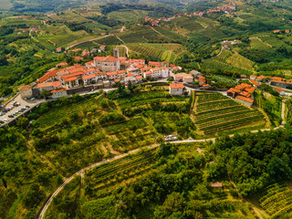Smartno Townscape and Goriska Brda a Famous Wine Region of Slovenia Located Near Italy. Drone Aerial view - obrazy, fototapety, plakaty