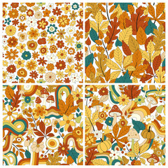 70s groovy hippie retro seamless pattern set. Vintage floral vector pattern collection. Wavy floral background with rainbow, leaves, mushroom,pumpkin,flowers. Doodle hippie print for wallpaper, fabric