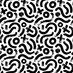Geometric vector seamless pattern in Memphis style with crosses, circles and wavy lines. Grunge brush strokes, bold shapes. Hand drawn ink illustration. Hipster black paint geometric background. 