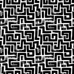 Abstract maze geometric background. Hand drawn seamless pattern with bold square lines. Black and white intricate vector background with brush strokes. Irregular maze and labyrinth pattern.
