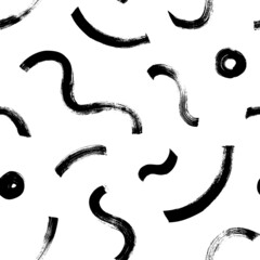 Chaotische zwarte golvende lijnen en cirkels. Grunge penseelstreken, gedurfde vormen. Hand getekend zwart-wit mozaïek textuur. Abstract naadloos patroon met handgetekende gebogen lijnen voor textiel, inpakpapier