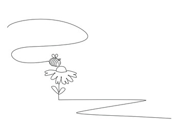 Bee and smiling happy face flying over flower and daisy to collect pollen. nature , bee , flower drawing lines design. Design suitable for drawing book and children's coloring books
