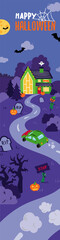 scary house in nature decorated for 
halloween, the car is driving home on a scary road