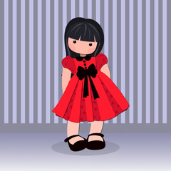 A cute doll in a red dress. Simple flat paper style. Vector illustration