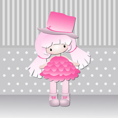 A cute doll in a pink dress. Simple flat paper style. Vector illustration