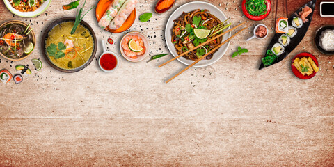 Fototapeta na wymiar Various of asian meals on rustic background , top view , place for text. Asian food concept.