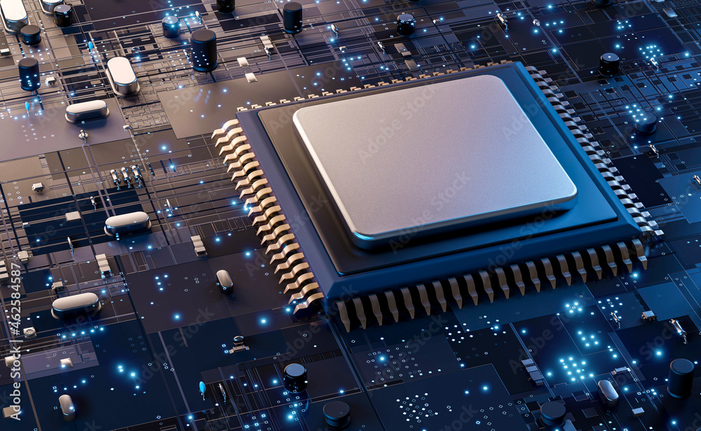 Poster printed circuit board with a processor, microchips and binary code. abstract high-tech electronic ba
