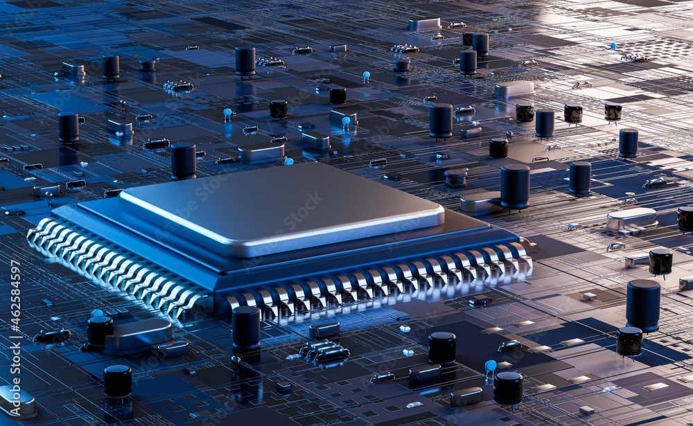 Poster close-up view of a modern gpu card with circuit and colorful lights and details 3d rendering.