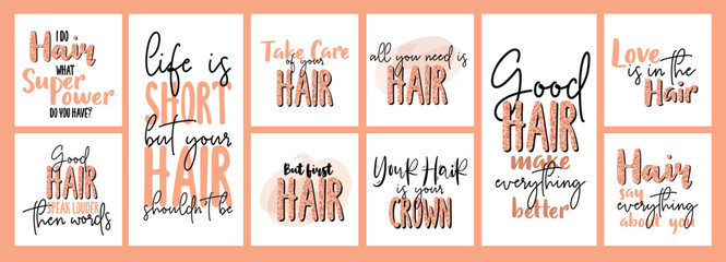 Inspiration lettering quotes about hair and hairstyle. Peach color with glitter. For hairdressers, beauty salons, stylists, printing production, social media. - obrazy, fototapety, plakaty