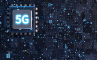 3D Rendering of 5G text and virtual futuristic technology city. Concept for Fast data transfer and transmission bandwidth rate. For telecom, mobile operator.