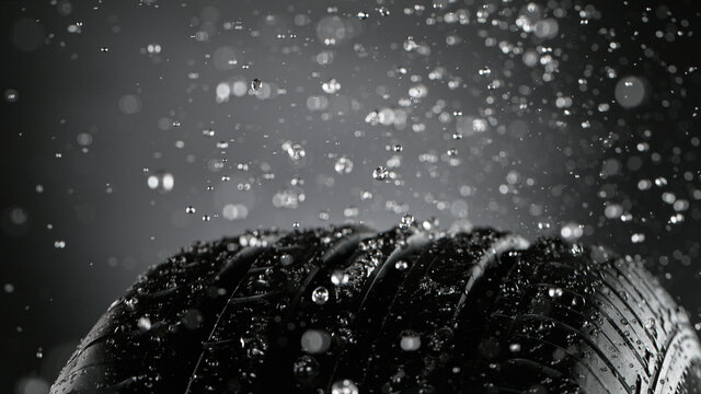 Freeze Motion of Car Tire with Water Splash, Isolated on Black Background