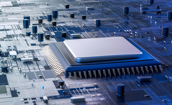 CPU Chip on Motherboard - abstract 3D render of a computer processor chip on a circuit board with microchips and other computer parts.