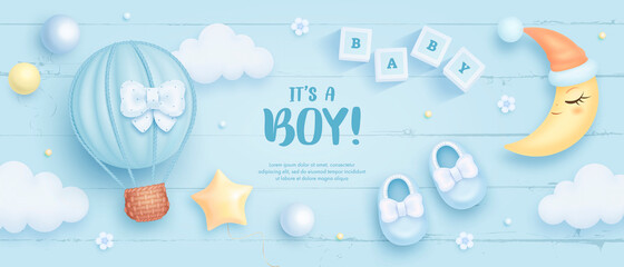 Baby shower horizontal banner with cartoon hot air balloon, shoes, crescent moon and helium balloons on blue background. It's a boy. Vector illustration - obrazy, fototapety, plakaty