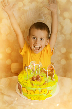 Little boy with beautiful birthday cake with dinosaurs. Translation: Vlad is 4.