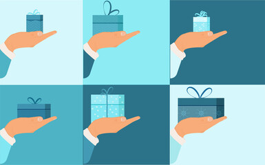 Christmas set with hands holding various gift boxes. Exchange of Christmas gifts