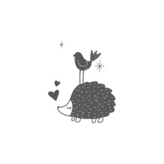 
illustration of a hedgehog and a bird New Year's theme Snow falls