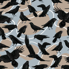 Seamless pattern with black birds crows Corvus corax in different poses stand, croak and fly. Wild birds of nature and cities. Realistic vector animal