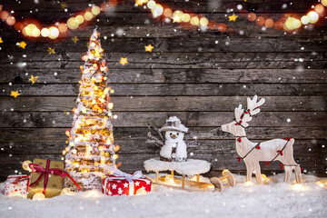 Christmas decoration snowman with blurred background, lots of copy space for your product or text.