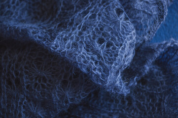 Dark blue woolen fabric close up view