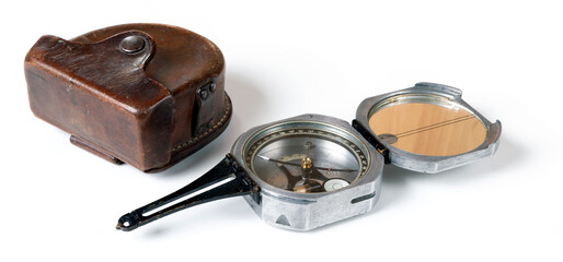 Vintage American compass and case. Isolated on white background.